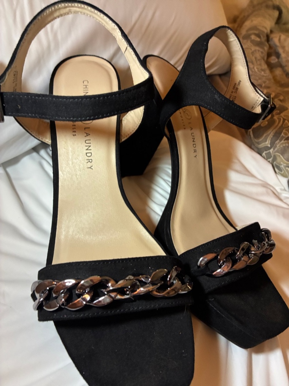 Chinese Laundry Black Block Heel Sandals with Silver‎ Chain